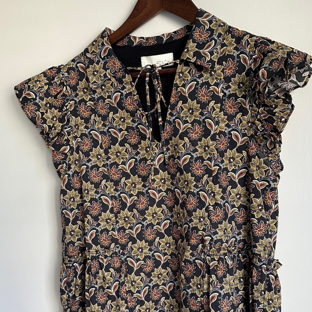Pinch Anthropologie Black, Mustard, & Rust Floral Babydoll Mini Dress 100 Cotton - Picture 3 of 11